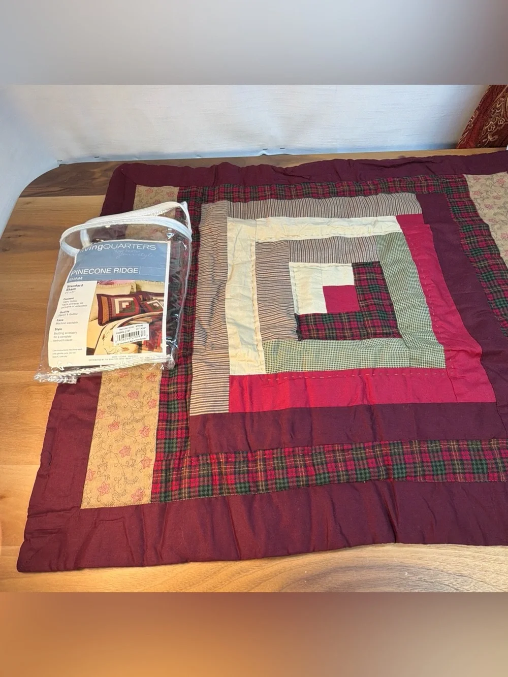 NWT Pinecone Ridge ONE Quilted Standard Pillow‎ Sham 20x26” Burgundy Patchwork